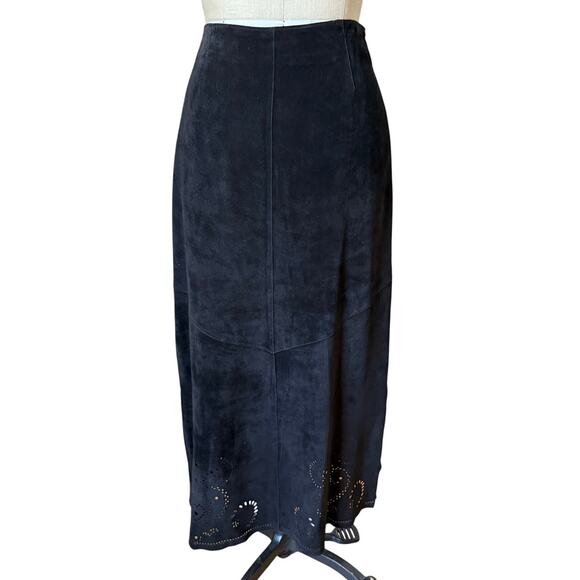 SienaStudio Black Suede Maxi A-Line Skirt with Lacy Detail Size 10 - Picture 1 of 9
